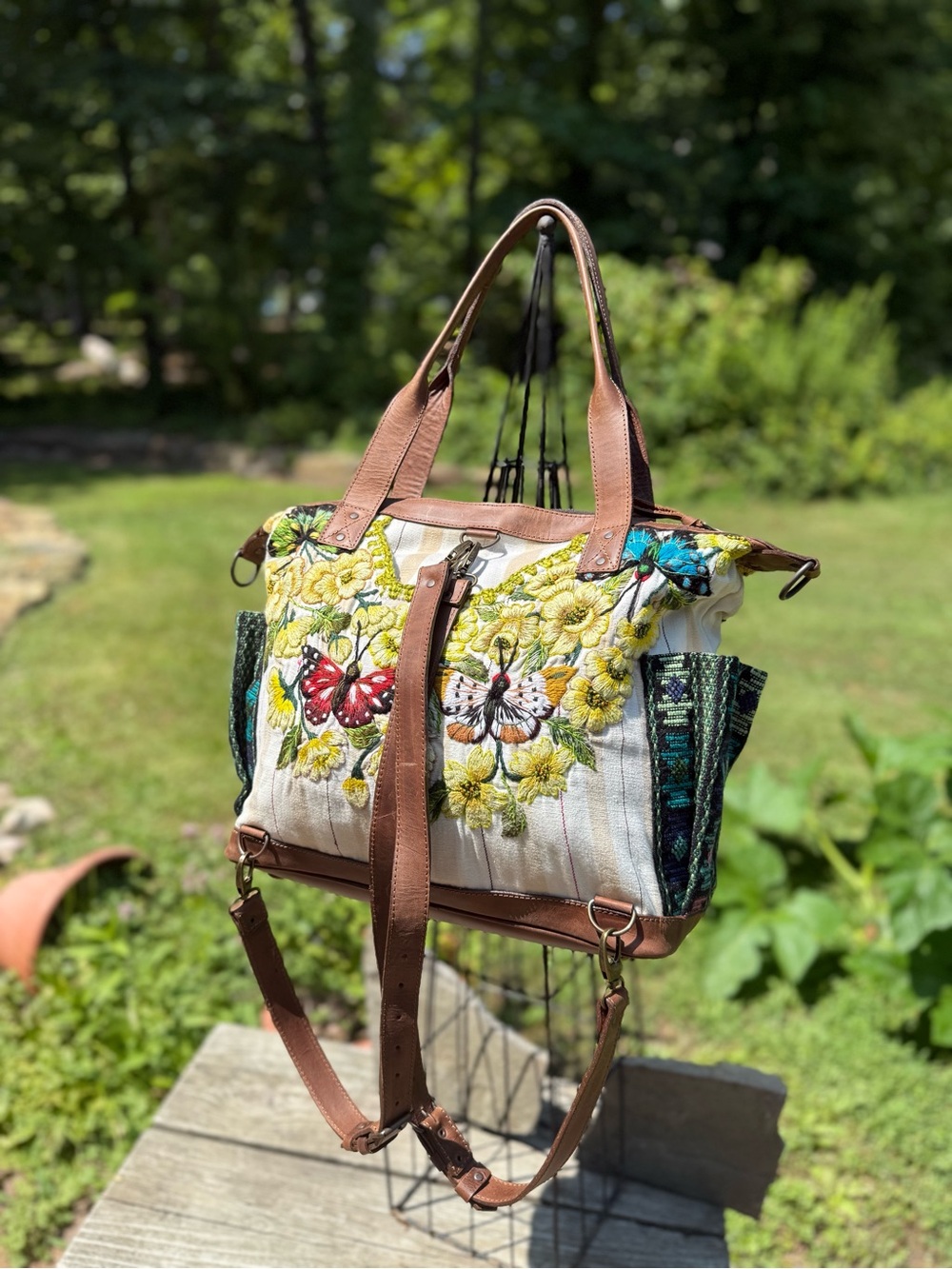 Butterfly & Floral Embroidered Canvas Tote/ convertible day bag - Picture 2 of 12